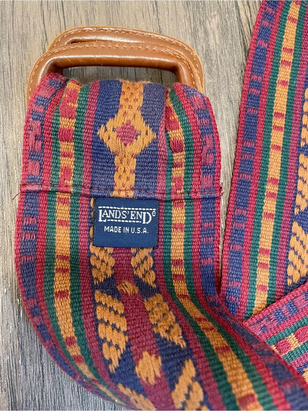 Lands' End vintage Multicolor Woven Geometric Woven Belt leather loops
